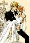  1boy 1girl angry blonde_hair carry carrying cigarette couple dress earrings elbow_gloves female formal ghost gloves hair_over_one_eye jewelry jolly_roger male nami nami_(one_piece) necklace one_piece orange_hair perona sanji smoking suit tattoo thriller_bark unconscious unconsious wedding_dress white_gloves 