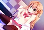  achiga_school_uniform atarashi_ako bad_id bad_pixiv_id body_mahattaya_ginga breasts brown_hair long_hair mahjong no_bra no_panties ribbon saki saki_achiga-hen sitting small_breasts solo tenbou thighhighs topless 