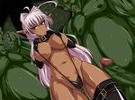  1girl 8ji_sugi angry bdsm bondage bound chains clothed_female_nude_male collar cuffs dark_skin elf femsub imminent_rape leash long_hair monster penis pink_hair pointy_ears red_eyes slave sling_bikini swimsuit testicles very_long_hair 