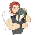  33paradox bad_id bad_pixiv_id beard black_hair blush facial_hair fate/zero fate_(series) hair_tousle long_hair lord_el-melloi_ii male_focus multiple_boys older red_eyes red_hair rider_(fate/zero) waver_velvet 