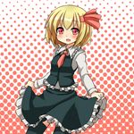  :d black_dress black_legwear blonde_hair blush clothes_grab dress fang frilled_skirt frills hair_ribbon jd_(bibirijd) long_sleeves looking_at_viewer necktie open_mouth red_eyes red_neckwear ribbon rumia short_hair simple_background skirt skirt_set smile solo thighhighs touhou tress_ribbon vest zettai_ryouiki 