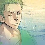  1boy earrings green_hair jewelry male male_focus ocean one-eyed one_eyed one_piece open_clothes open_shirt outdoors roronoa_zoro scar shirt solo water 