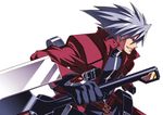  blazblue gloves grin long_hair male_focus ragna_the_bloodedge red_eyes silver_hair smile solo spiked_hair sword tasaka_shinnosuke weapon 