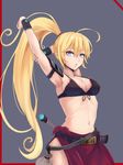 ahoge arm_up armpits bad_id bad_pixiv_id belt bikini_top blonde_hair blue_eyes breasts cleavage front-tie_top grey_background highres irohasu large_breasts long_hair navel original ponytail simple_background solo stomach sword weapon 