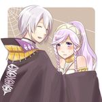  1girl :d bare_shoulders blush braid cape closed_eyes fire_emblem fire_emblem:_kakusei hairband henry_(fire_emblem) long_hair olivia_(fire_emblem) open_mouth purple_eyes purple_hair silk smile soar-star spider_web sweatdrop twin_braids 