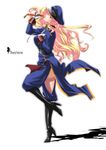  blue_eyes boots full_body gloves hat highres knee_boots long_hair macross macross_frontier military military_uniform peaked_cap riding_crop sheryl_nome solo standing tnonizyou uniform white_gloves 