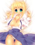  ahoge alternate_breast_size artoria_pendragon_(all) bad_anatomy blonde_hair blush breasts casual cleavage fate/stay_night fate_(series) fukuda_shuushi green_eyes highres lying medium_breasts on_back on_bed open_clothes open_shirt panties saber shirt skirt solo underwear 