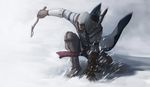  assassin's_creed_(series) assassin's_creed_iii belt bow_(weapon) connor_kenway gloves hood male_focus quiver snow solo tomahawk vambraces weapon 