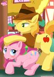  blonde_hair blue_eyes braeburn_(mlp) doggy_position equine female friendship_is_magic from_behind green_eyes hair hooves horse male my_little_pony pink_fur pink_hair pinkie_pie_(mlp) pony straight tree wood yellow_fur 