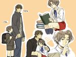  bag blue_eyes book bookbag brown_eyes brown_hair casual child fate/zero fate_(series) kotomine_kirei male_focus multiple_boys nano_(veek) reading ribbon shorts sleeping time_paradox toosaka_tokiomi translation_request younger 