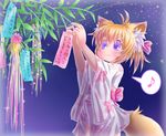  animal_ears antenna_hair bamboo eighth_note fox_ears fox_tail japanese_clothes kimono musical_note night night_sky obi orange_hair original purple_eyes renaoka sash short_hair sky solo speech_bubble spoken_musical_note standing star_(sky) starry_sky tail tanabata tanzaku translated tying yukata 