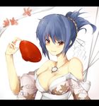  alternate_costume bad_id bad_pixiv_id bare_shoulders blue_hair breasts brown_eyes cleavage cup dress ekuesu floral_print hair_ornament highres japanese_clothes jewelry kimono large_breasts letterboxed looking_at_viewer mirror necklace obi off_shoulder pendant pink_dress ponytail sakazuki sash short_hair smile solo spilling touhou wide_sleeves yasaka_kanako 
