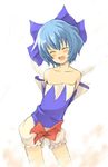  arms_behind_back bare_shoulders bloomers blue_hair blush bow cirno collarbone flat_chest hair_bow mitsuki_yuuya open_mouth short_hair smile solo touhou underwear wardrobe_error 