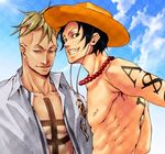  2boys black_hair blonde_hair blue_sky freckles grin hat jolly_roger lowres male male_focus marco multiple_boys muscle one_piece open_clothes open_shirt outdoors portgas_d_ace shirt sky smile tattoo topless whitebeard_pirates 