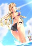 adjusting_clothes adjusting_swimsuit animal_ears ass back ball beachball bikini blonde_hair brown_hair cat_ears cat_tail chen cloud cyoppu day from_behind from_below hat highres long_hair looking_back multiple_girls multiple_tails no_hat no_headwear open_mouth short_hair smile swimsuit tail thigh_gap touhou water yakumo_yukari yellow_eyes yin_yang 