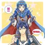  1boy 1girl armor blue_hair blush boots cape carrying father_and_daughter fingerless_gloves fire_emblem fire_emblem:_kakusei gloves grin highres krom long_hair lucina open_mouth pantyhose sawako68 shoulder_carry smile sparkle star symbol-shaped_pupils 