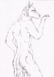  anthro butt canine hand_on_hip line_art male mammal monochrome nude plain_background semiotica solo 