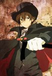  arsene_lupin arsene_lupin_(cosplay) bow bowtie brown_hair cane cape cosplay formal gloves green_eyes hat hyouka kimi_ni_matsuwaru_mystery male_focus monocle oreki_houtarou solo top_hat yaminagi_kiyuu 