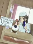  1girl barefoot black_hair blush brown_eyes cellphone dom dom_(jiromike2000) feet female food hanasaku_iroha hands heart jiromike2000 long_hair mirror mushroom nyarimia phone rice self_shot sign solo text toes translation_request tsurugi_minko 