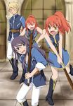  2boys 2girls anger_vein belt blonde_hair boots breasts chastel_aiheap eyes_closed flynn_scifo hisca_aiheap long_hair multiple_boys multiple_girls open_mouth orange_hair pants ponytail purple_hair short_hair tales_of_(series) tales_of_vesperia tales_of_vesperia:_the_first_strike yellow_eyes yuri_lowell 