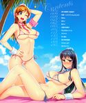  3: ;d areolae arm_up armband bare_shoulders beach bikini blue_eyes blue_hair blue_sky blush breasts cleavage cloud copyright_request day detached_collar hand_on_hip hat highres large_breasts long_hair looking_at_viewer lying micro_bikini multiple_girls navel necktie one_eye_closed open_mouth orange_hair outdoors palm_tree purple_eyes redrop scan scan_artifacts shiny shiny_skin side-tie_bikini skindentation sky smile sparkle star string_bikini sweatdrop swimsuit tree wrist_cuffs 