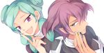  1girl alpha_(inazuma_eleven) beta_(inazuma_eleven) green_hair headset inazuma_eleven_(series) inazuma_eleven_go inazuma_eleven_go_chrono_stone long_hair nana0813 protocol_omega purple_eyes purple_hair 