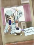  1girl black_hair blush brown_eyes cellphone dom dom_(jiromike2000) female food hanasaku_iroha hands heart jiromike2000 long_hair mirror mushroom nyarimia phone rice sauce self_shot sign text translation_request tsurugi_minko 