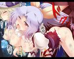  2girls ahegao ass bite_mark blonde_hair blush bow breasts bruise clothed_female_nude_male eyes_closed forced group_sex hair_bow hair_pull injury lavender_hair llowoll multiple_girls nipples open_mouth ponytail purple_hair rape red_eyes saliva sex tears text tongue tongue_out torn_clothes torture touhou watatsuki_no_toyohime watatsuki_no_yorihime wince 