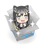  1girl analogue:_a_hate_story animal_ears black_hair blush box cardboard_box cat_ears cat_tail chibi hyun-ae in_box in_container long_hair necktie open_mouth raide simple_background smile sparkle tail 