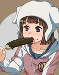  ai_hoshimiya bad_id bad_pixiv_id bangs blunt_bangs blush brown_eyes brown_hair chocolate_banana eating food food_on_face hat hood hoodie miniskirt_pirates open_mouth poncho_s sexually_suggestive short_hair solo tongue 