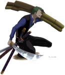 1boy black_pants crouch formal full_body green_hair gun male male_focus meissdes necktie one_piece one_piece:_strong_world open_mouth pants profile roronoa_zoro scabbard sheath solo squatting sword transparent_background waistcoat weapon 