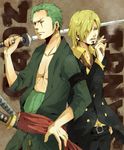  2boys bandanna belt black_pants blonde_hair character_name cigarette earrings facial_hair formal goatee green_hair hair_over_one_eye hand_on_hip haramaki hips jewelry male male_focus multiple_boys necktie one-eyed one_eyed one_piece pants robe roronoa_zoro sanji sash scar shirt smoking suit sword weapon yellow_shirt 