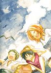  1girl 2boys bird black_hair blue_sky cloud clouds east_blue female green_hair hat male monkey_d_luffy multiple_boys nami nami_(one_piece) one_piece orange_hair pixiv_thumbnail red_vest resized roronoa_zoro sheathed_sword shirt sky sleeping smile straw_hat striped striped_shirt 