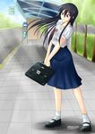  artist_request bag bellezza_felutia black_hair blue_eyes heterochromia highres long_hair male_focus original otoko_no_ko red_eyes sandals shirt skirt solo student uniform 