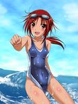  brown_eyes competition_swimsuit duel_angel goggles goggles_on_head hino_akane_(smile_precure!) long_hair one-piece_swimsuit ponytail precure punching red_eyes smile_precure! solo swimsuit wet 