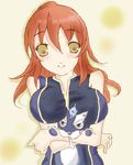  1girl animal bare_shoulders bone breasts brown_eyes chastel_aiheap dog long_hair lowres orange_hair ponytail repede smile tales_of_(series) tales_of_vesperia tales_of_vesperia:_the_first_strike 