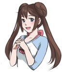  blue_eyes blush bow brown_hair double_bun interlocked_fingers long_hair magical_ondine mei_(pokemon) no_hat no_headwear pokemon pokemon_(game) pokemon_bw2 raglan_sleeves smile solo twintails 