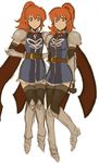  2girls armor belt boots breasts brown_eyes chastel_aiheap flat_chest gloves hisca_aiheap long_hair multiple_girls orange_hair ponytail siblings sisters tales_of_(series) tales_of_vesperia tales_of_vesperia:_the_first_strike thighhighs twins 