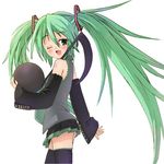  blush carrying detached_sleeves green_eyes green_hair hatsune_miku long_hair mitsuki_yuuya musical_note one_eye_closed open_mouth simple_background skirt smile solo thighhighs twintails very_long_hair vocaloid white_background 