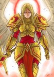  angel angel_wings armor blonde_hair blue_eyes exaxuxer kayle league_of_legends long_hair no_headwear no_helmet sketch solo sword weapon wings 