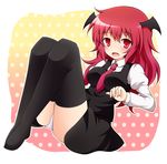  black_legwear creta_(taku10) dress_shirt fang head_wings koakuma long_hair necktie open_mouth panties pantyshot pantyshot_(sitting) red_eyes red_hair red_neckwear shirt sitting skirt solo thighhighs touhou underwear white_panties 