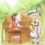  accompaniment album_cover blonde_hair bow cirno closed_eyes cover day hair_bow hakurei_reimu hat instrument kirisame_marisa mitsuki_yuuya multiple_girls outdoors piano smile touhou witch_hat 