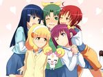  ;d aoki_reika arguing bangs blonde_hair blue_eyes blunt_bangs blush bow candy_(smile_precure!) cardigan cheek_poking clothes_around_waist green_hair group_hug hairband hands_clasped harem heart highres hino_akane_(smile_precure!) hoshizora_miyuki hug kise_yayoi long_hair midorikawa_nao multiple_girls nanairogaoka_middle_school_uniform one_eye_closed open_mouth own_hands_together pink_bow pink_eyes poking precure school_uniform short_hair skirt smile smile_precure! sweater sweater_around_waist sweater_vest unpale white_hairband yellow_eyes 