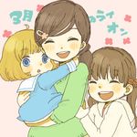  blue_eyes blush brown_hair carrying child closed_eyes happy kawamoto_akari kawamoto_hinata kawamoto_momo long_hair multiple_girls sangatsu_no_lion siblings sisters smile twintails yukke 