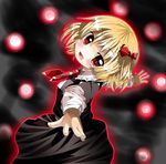  :d asuku_(69-1-31) bad_id bad_pixiv_id blonde_hair blush bow colorized danmaku fang glowing hair_bow highres long_sleeves looking_at_viewer looking_back miko_machi necktie open_mouth outstretched_arms red_eyes rumia short_hair skirt skirt_set smile solo spread_arms touhou 