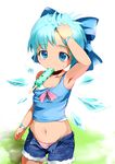  arm_up armpits blue_hair blush camisole casual child cirno cutoffs denim denim_shorts food groin ice ice_wings kobii midriff mouth_hold navel panties pink_panties popsicle short_hair shorts solo strap_slip sweatdrop tank_top touhou unbuttoned underwear wings wristband 