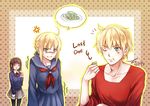  2girls ahoge anger_vein arthur_pendragon_(fate) artoria_pendragon_(all) blonde_hair brown_hair capsule_servant eating english fate/prototype fate/stay_night fate_(series) food glasses green_eyes long_hair master_artoria multiple_girls one_eye_closed pantyhose sajou_ayaka school_uniform serafuku sweatdrop wagashi winniconan youkan_(food) 