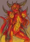  black_sclera breasts covering covering_breasts demon_girl diablo diablo_(character) diablo_3 exaxuxer horns medium_breasts multiple_arms red_skin solo spikes spoilers tail 
