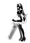  chainsaw full_body greyscale high_heels long_hair maid monochrome original profile pump_(pumpqmuq) shoes simple_background solo standing thighhighs white_background 