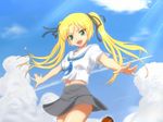  bad_id bad_pixiv_id blonde_hair cloud condensation_trail day from_below green_eyes hair_ribbon long_hair navel open_mouth original outstretched_arms ribbon school_uniform serafuku shino_(pixia) shoes skirt sky solo teeth twintails 
